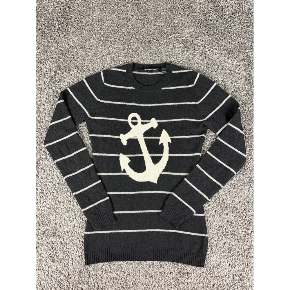Quotation Cashmere Striped Anchor Sweater Black White Nautical Crewneck Small